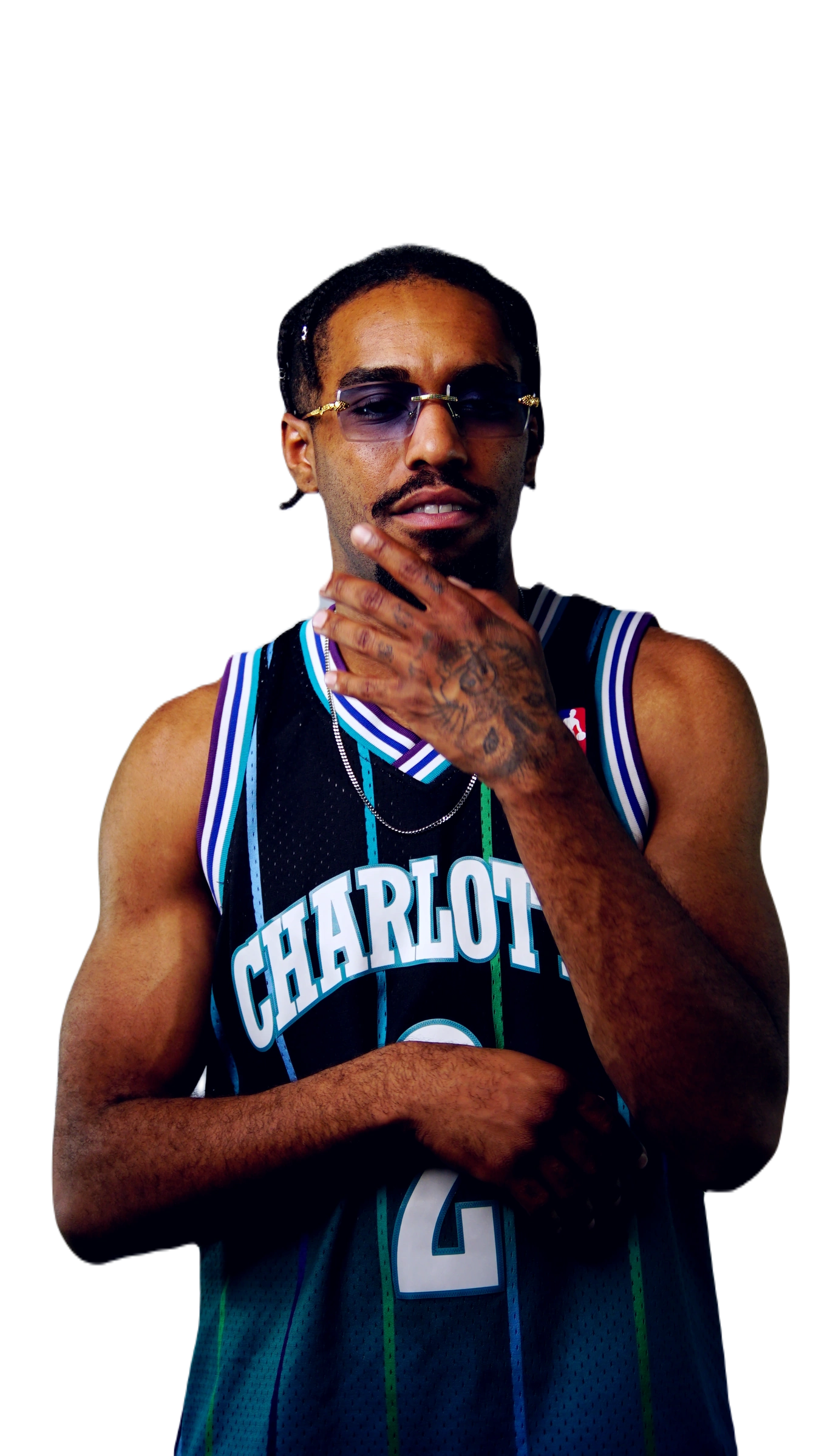 Marz wearing sunglasses and a basketball jersey