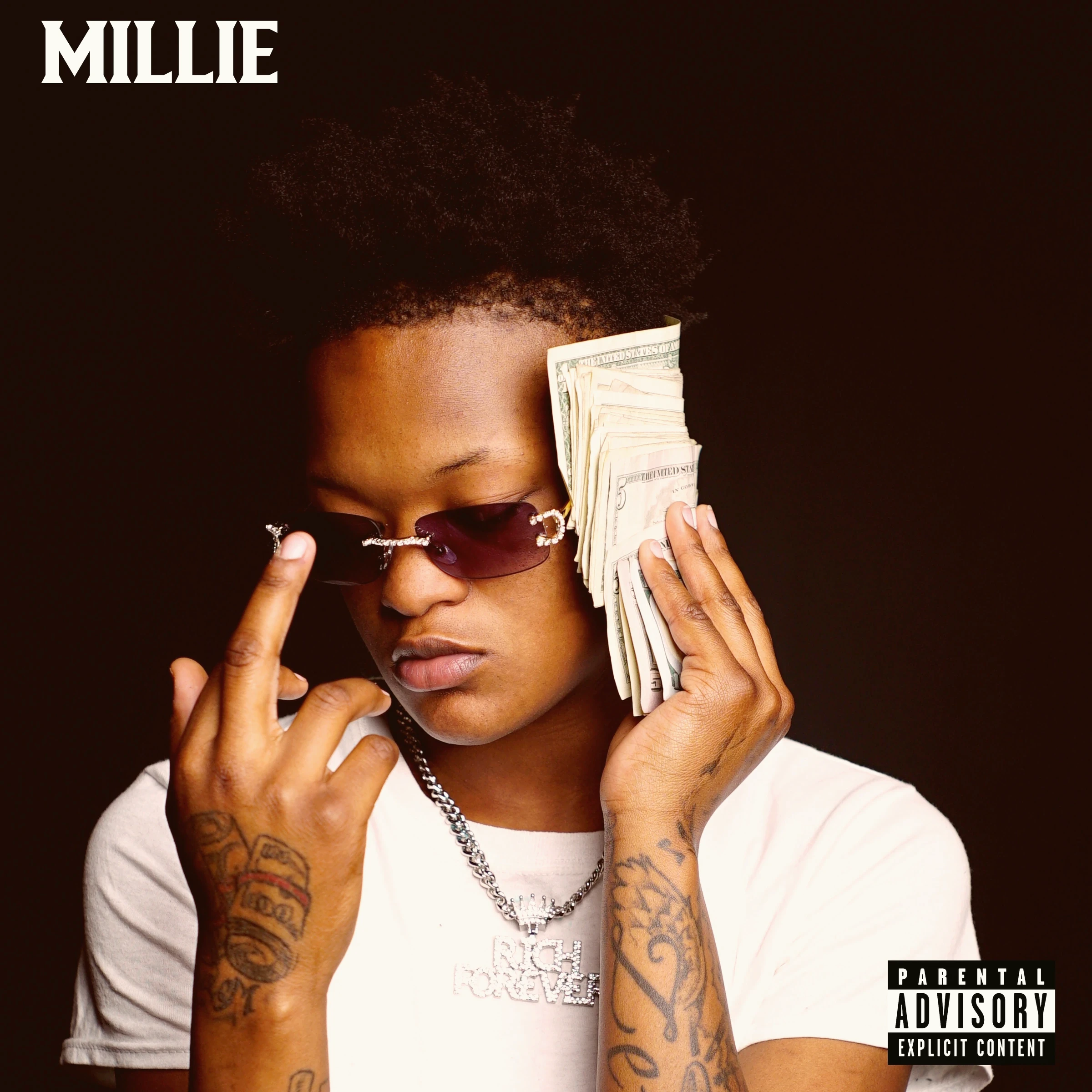 Millie holding cash in an artist portrait